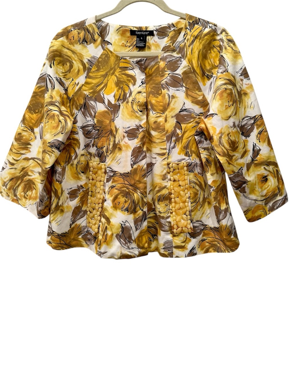 Karen Kane Yellow Floral Beaded Pocket Peplum Jacket Blazer Pockets Sz L